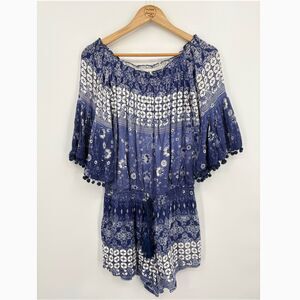 Anthropologie Raga Mazo Pommed Romper Size Med, Beachy Blue Boho Resortwear